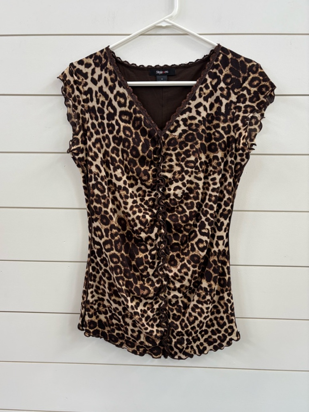Style & Co. Y2K Leopard Print Top with Ruffles and Sequins